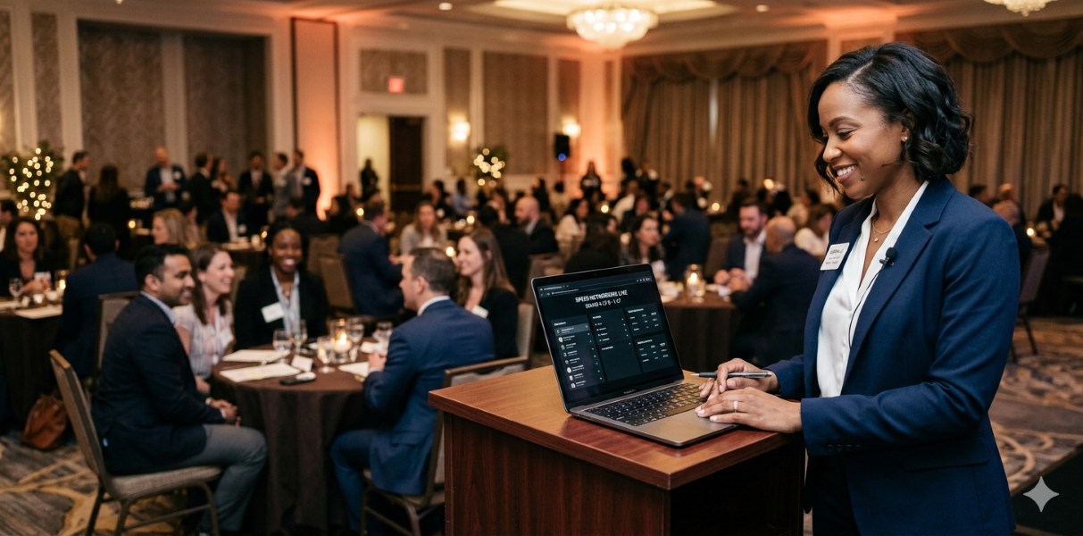 Two business professionals in conversation at a speed networking event