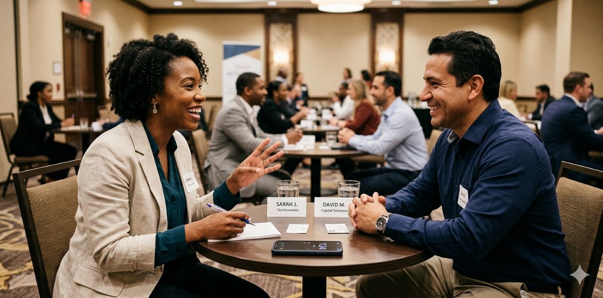 Corporate speed networking event in a hotel ballroom with multiple pairs at small tables